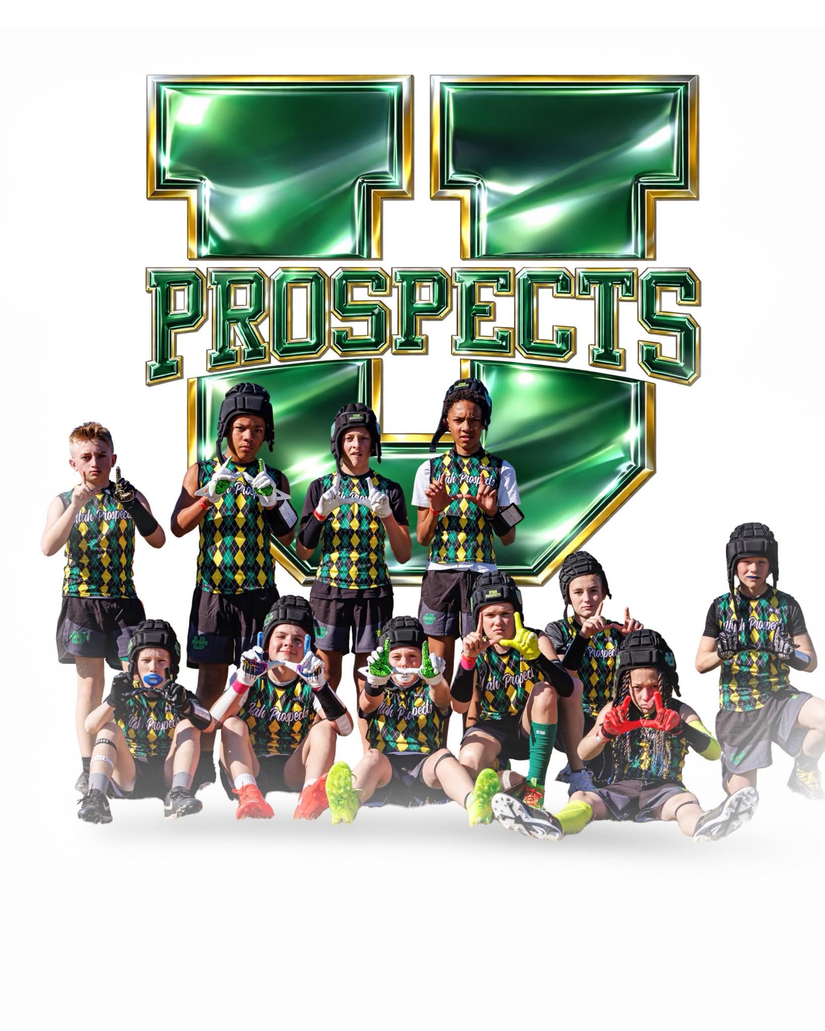 A young Utah Prospects team in green-and-yellow argyle jerseys posing in front of the giant metallic green U Prospects logo