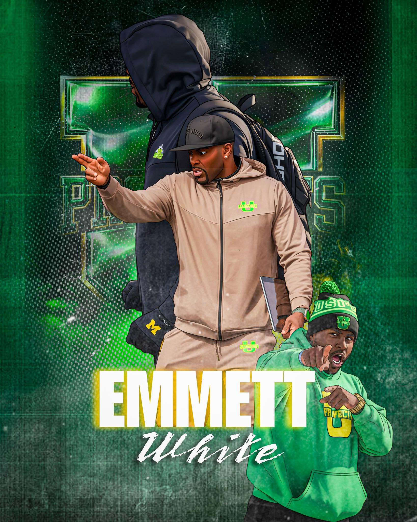 Illustrated poster of Coach Emmett White directing his Utah Prospects players, with EMMETT White written across the bottom