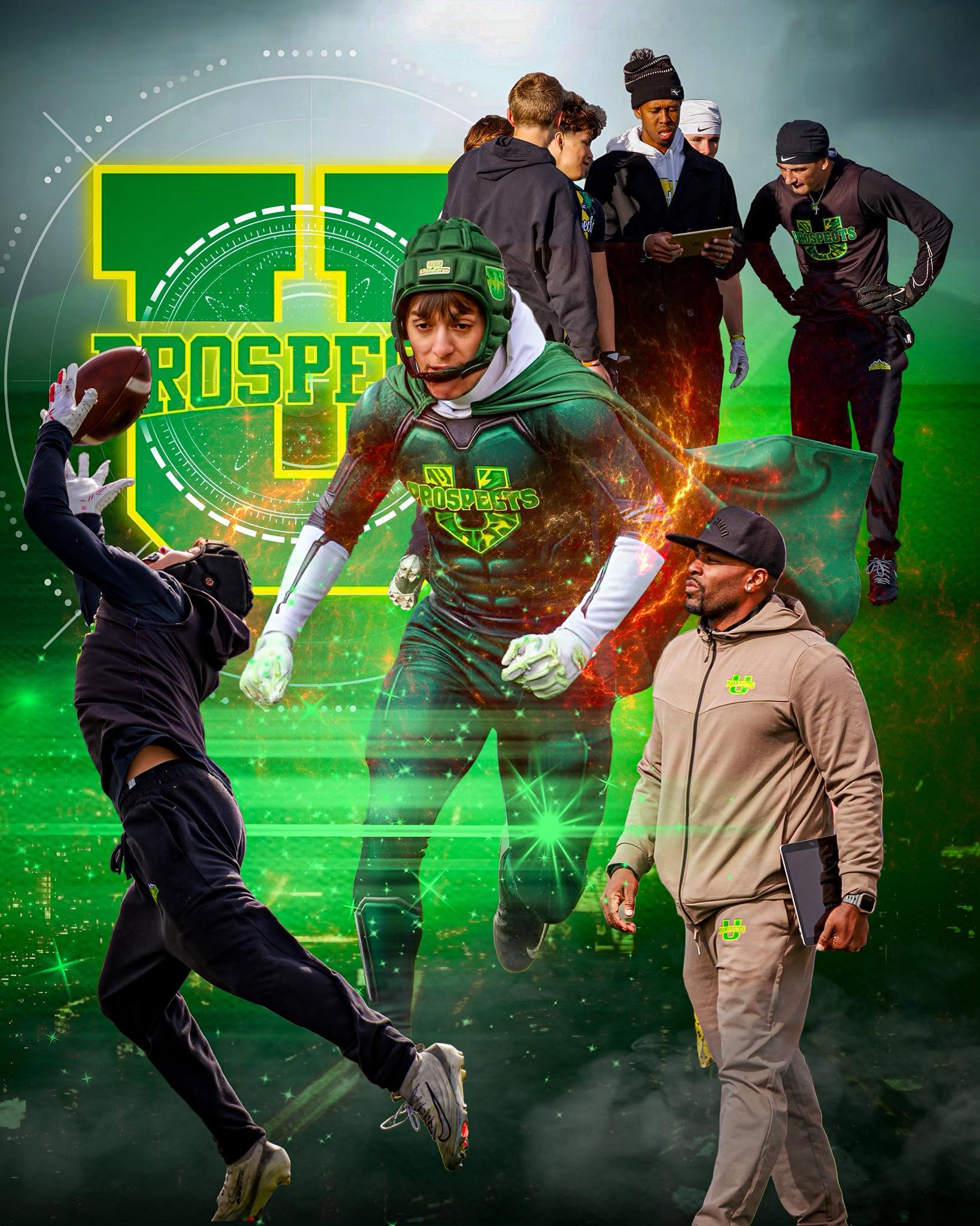 Utah Prospects poster — a player in a green cape and soft-shell helmet charges forward in front of the giant U Prospects logo, with Coach Emmett White beside him
